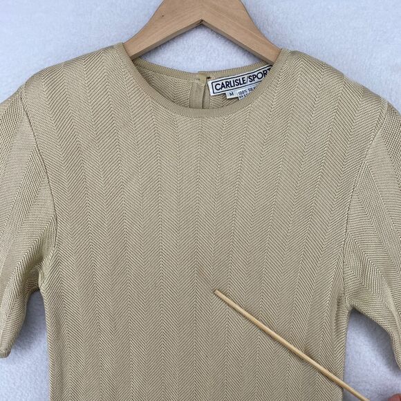 CARLISLE SPORT Sweater M Silk Herringbone Round Neck Short Sleeve Beige HK VTG - Picture 10 of 11